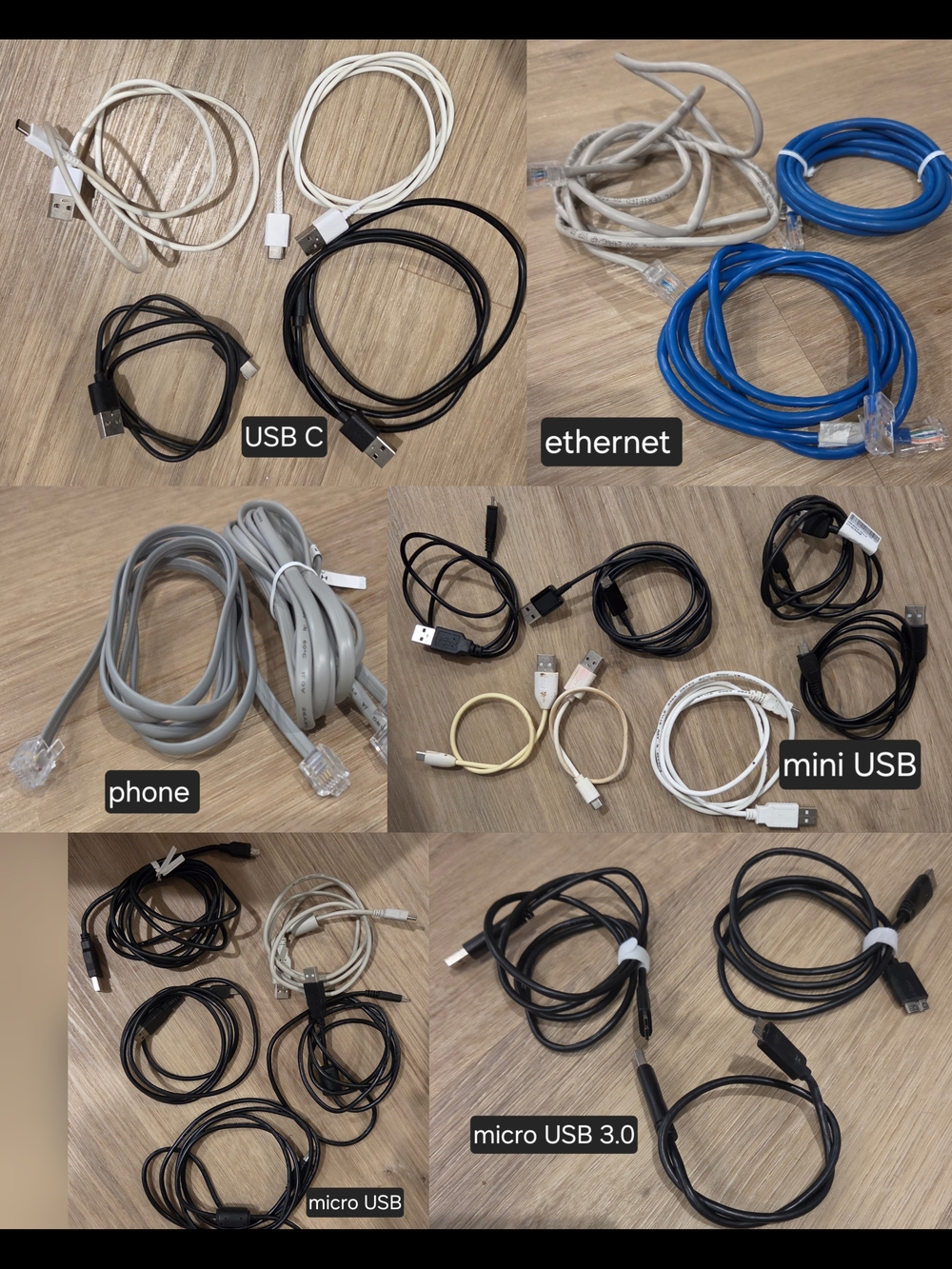 Lot Of 24 Cables USB Ethernet Phone USB-C Micro 3.0 Mini USB - Used, Untested